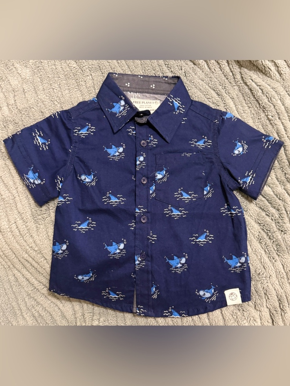 Free Planet Boys' Navy Blue Shark Print Button-Down Shirt